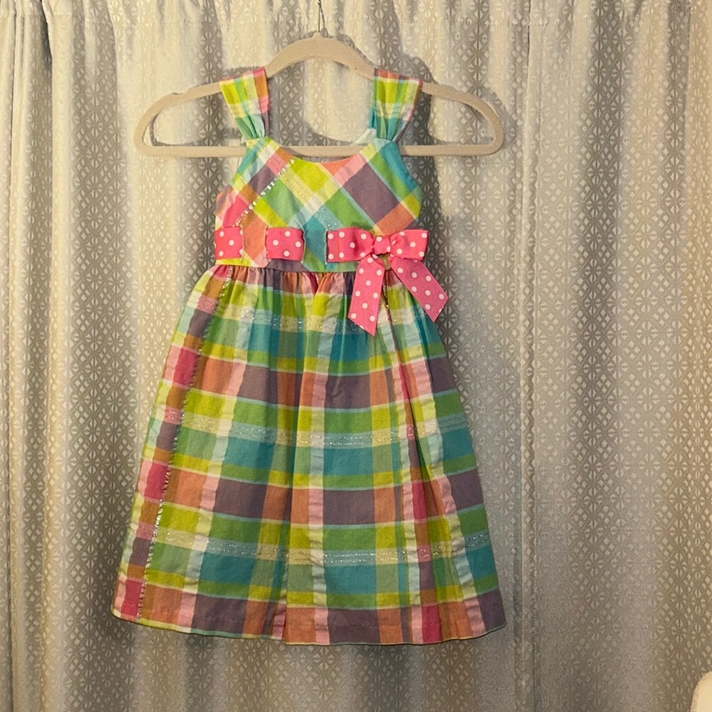 Easter Dress- girls 5/6 plaid w/ silver details; back zipper & decorative tie.